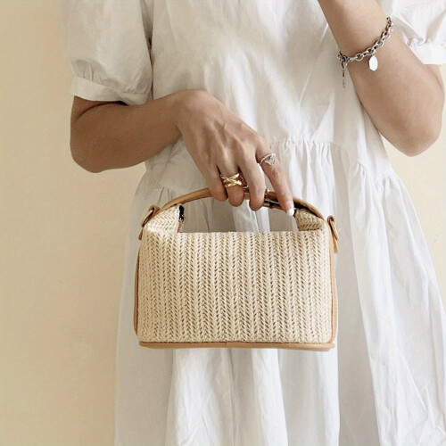 Summer Woven Straw Handbag Boho Style Clutch Purse Womens Crossbody Bag With Detachable Strap