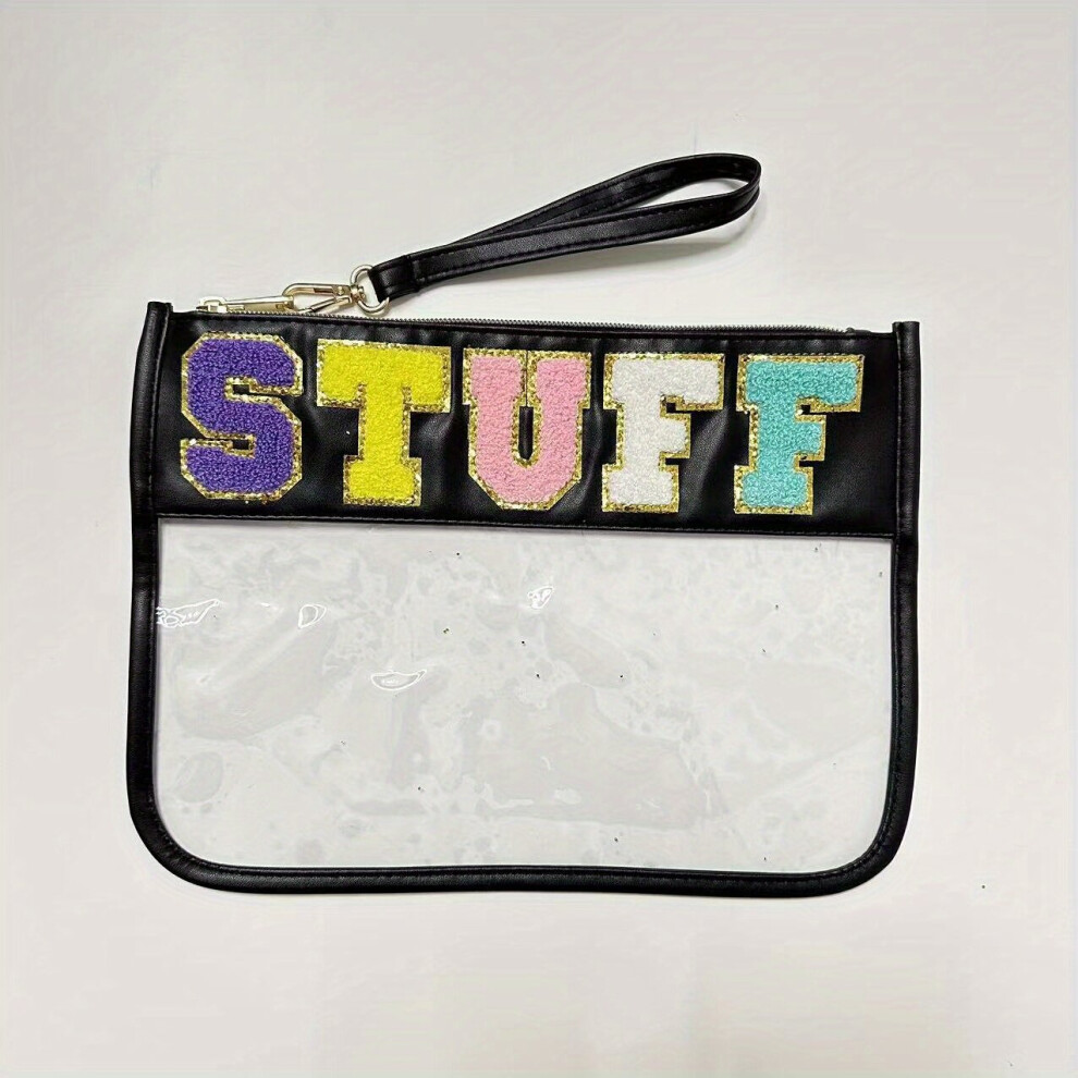Clear Waterproof Cosmetic Bag Chenille Letter Decor Snack Pouch Portable Travel Makeup Bag With Wristlet