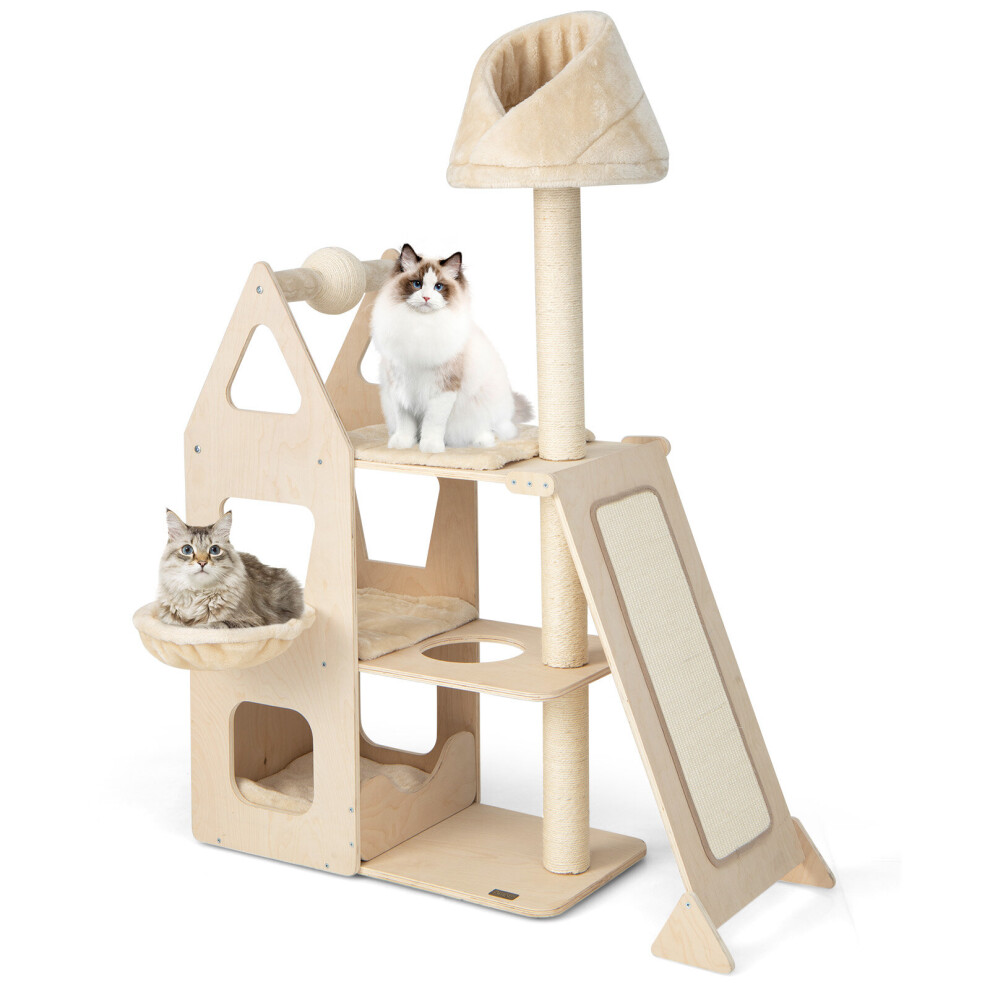 Tall Cat Tree Multi-Layer Wooden Cat Tower W/ Scratching Ball & Posts