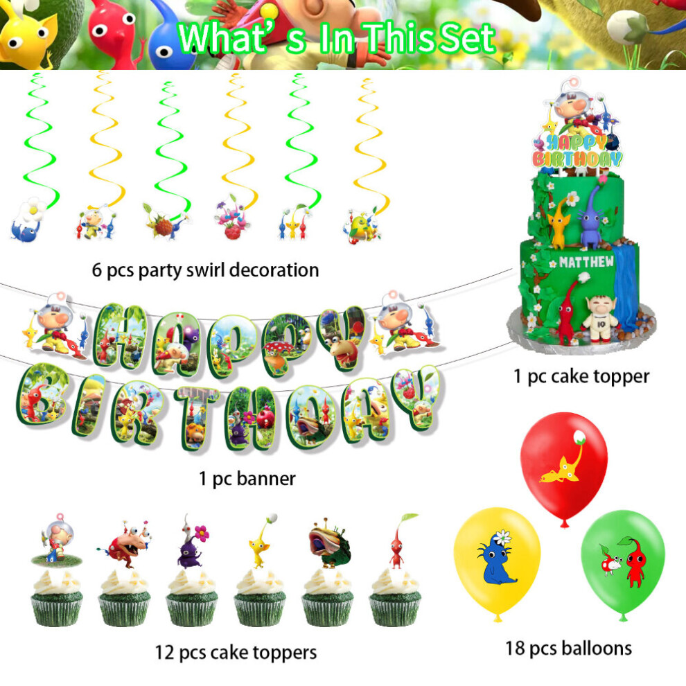 (38PCS) Themed Birthday Pikmin Party Supplies Decoration Set Cake Topper Balloon Banner