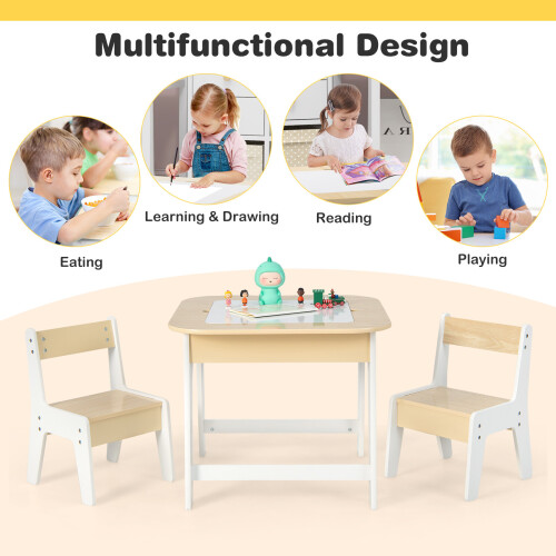 Casart Kid's Table & Chairs Set with Double-sized Tabletop 2 Chairs & Storage 2