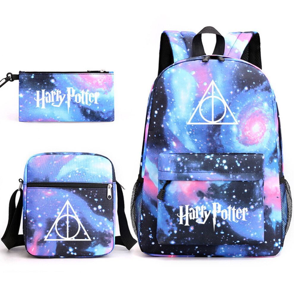 (Lightning Blue~3) Harry Potter Three Piece Schoolbag Casual Shoulder Bag Backpack for Men and Women Students