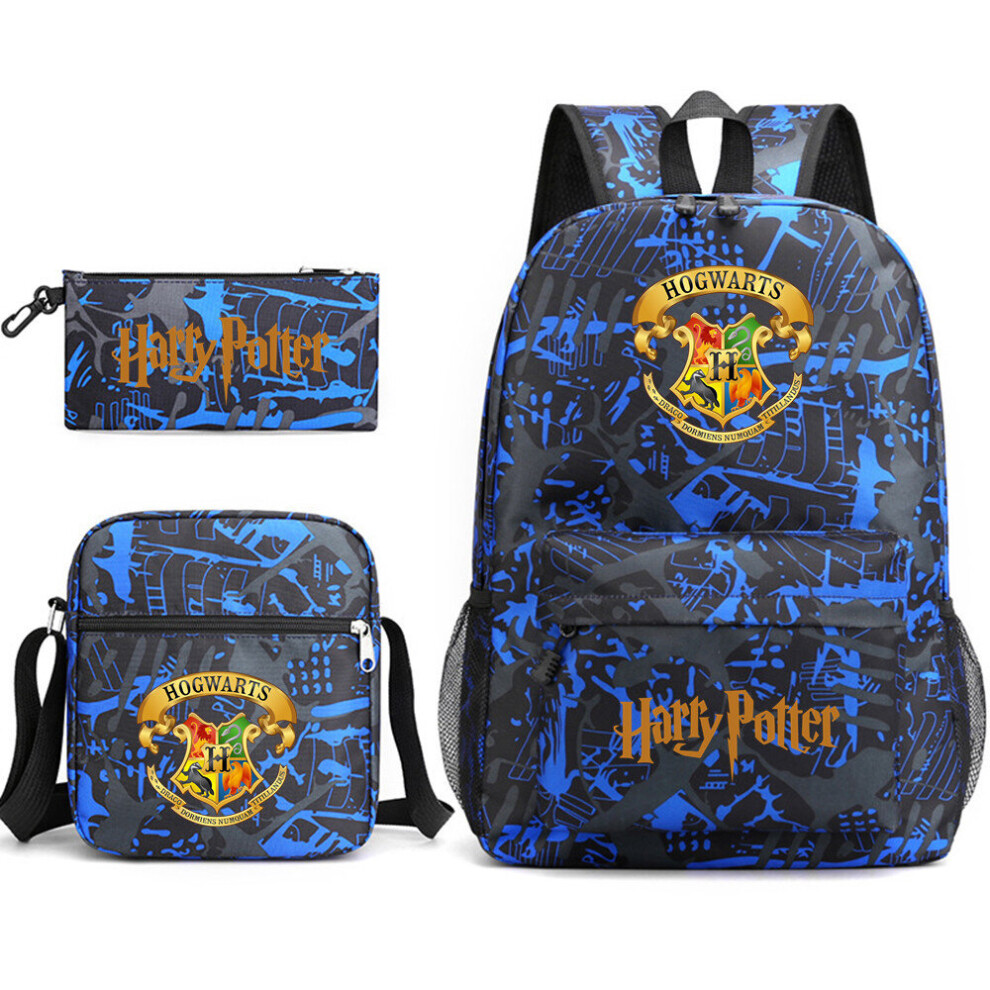 (Blue Flower~1) Harry Potter Three Piece Schoolbag Casual Shoulder Bag Backpack for Men and Women Students