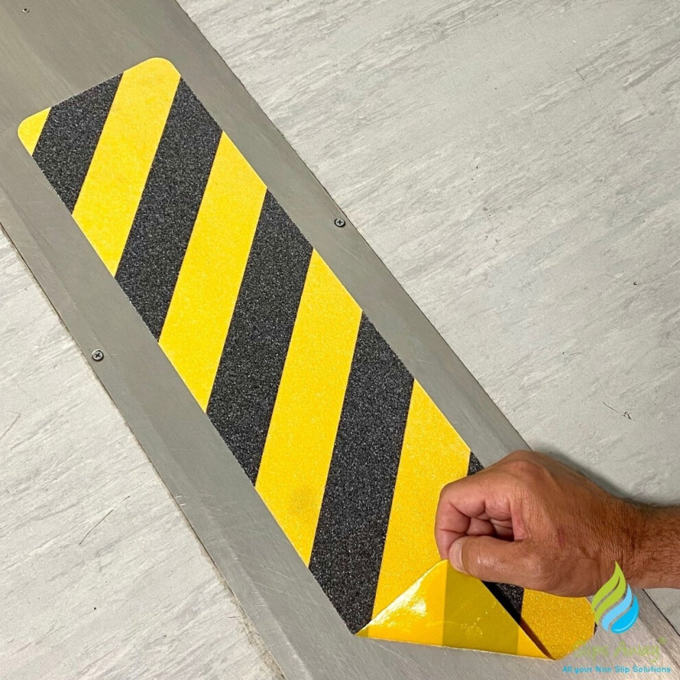 Anti Slip Pre Cut Tile Tread, Hazard Yellow & Black, 150Mm X 610Mm 5061000043034