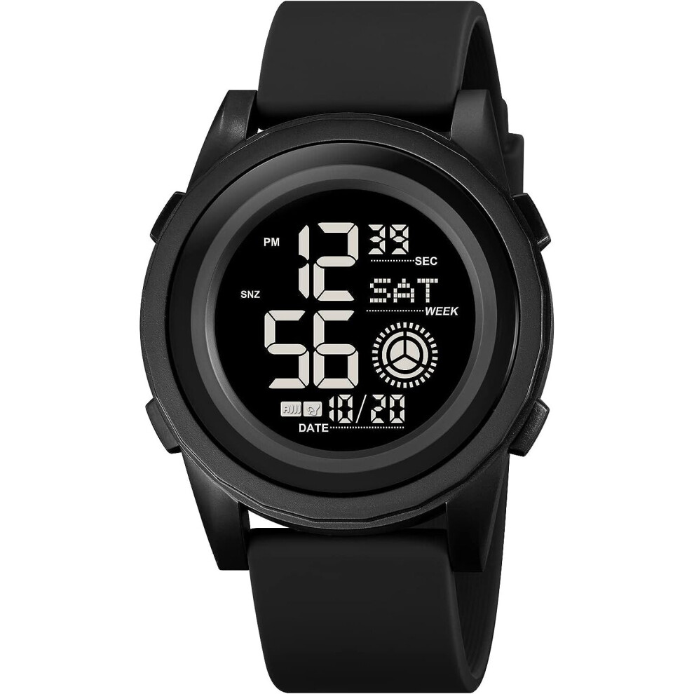 (Black/Black) Digital Watch Men Waterproof Sports Watches for Men Stopwatch Wristwatch with Alarm LED Back Light Rubber Strap