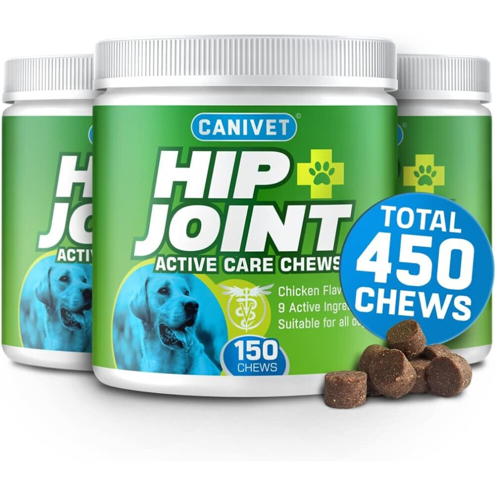 (150 Chews x3) CANIVET Dog Joint Care Supplements-150 Chews With Green Lipped Mussel, Glucosamine & Chondroitin, Hemp Oil, MSM, Hyaluronic Acid, Manga