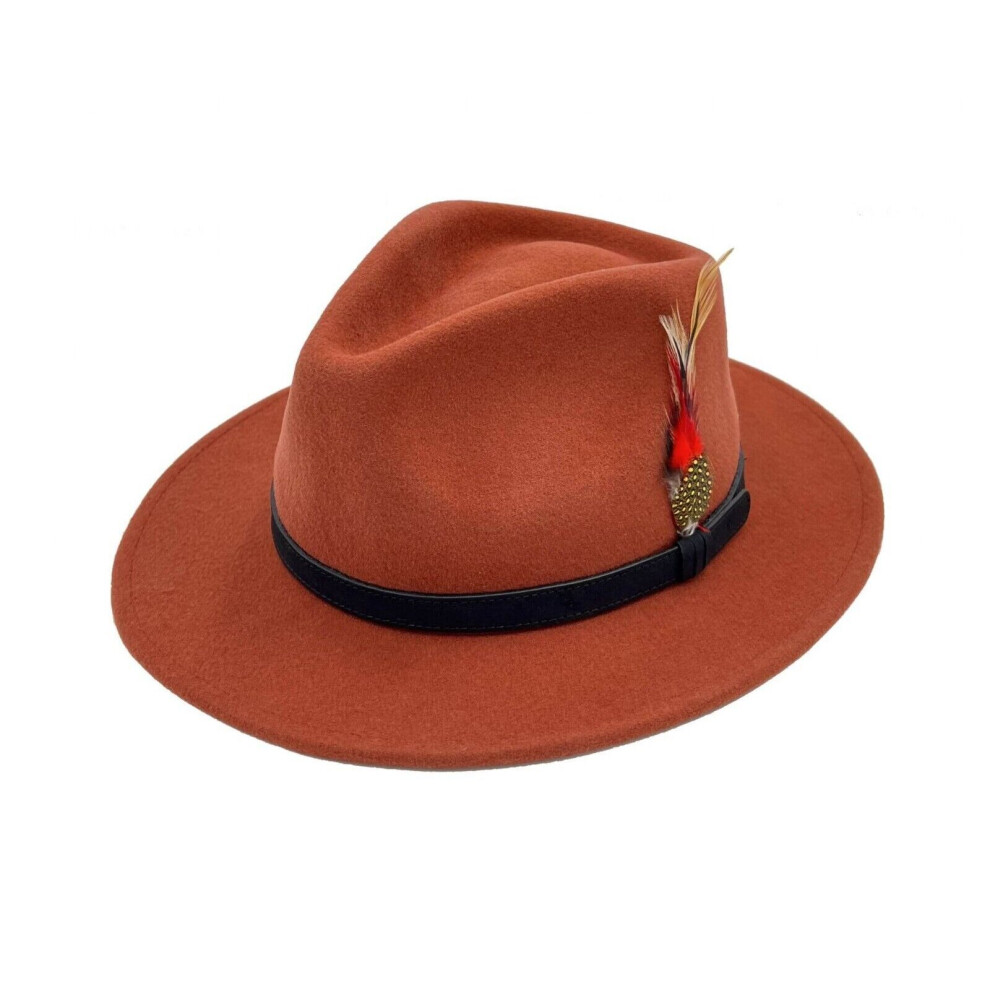 (Brunt Orange, Medium (58 cms)) Unisex Fedora Hat Adjustable Band 100% Wool