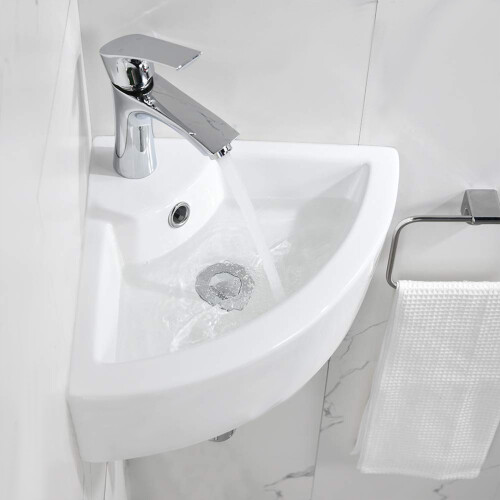 Cloakroom Hand Wash Basin Sink Compact Ceramic White Wall Hung Triangular