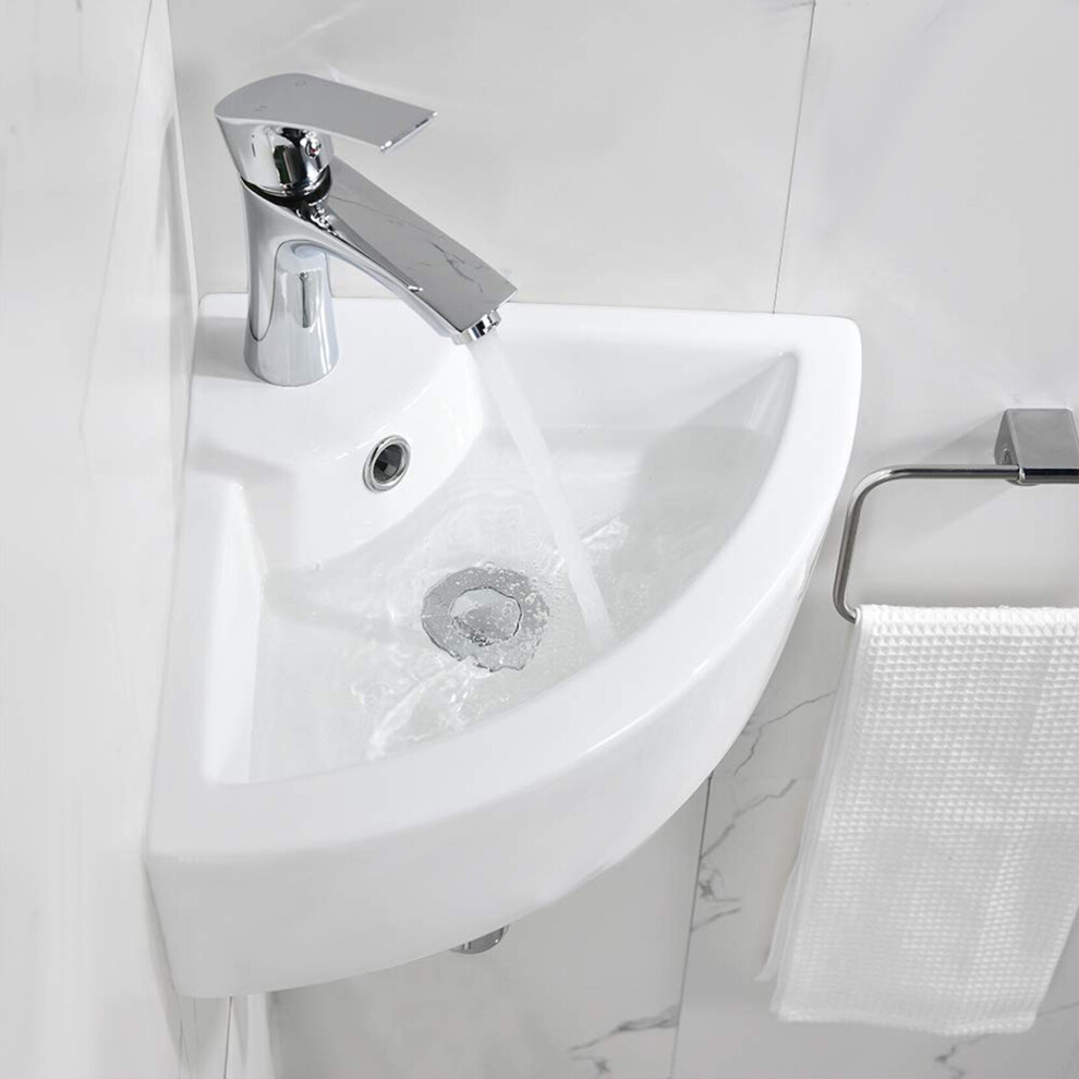 Cloakroom Hand Wash Basin Sink Compact Ceramic White Wall Hung Triangular