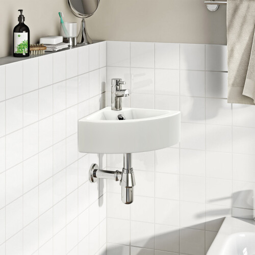 Cloakroom Hand Wash Basin Sink Compact Ceramic White Wall Hung Triangular 2