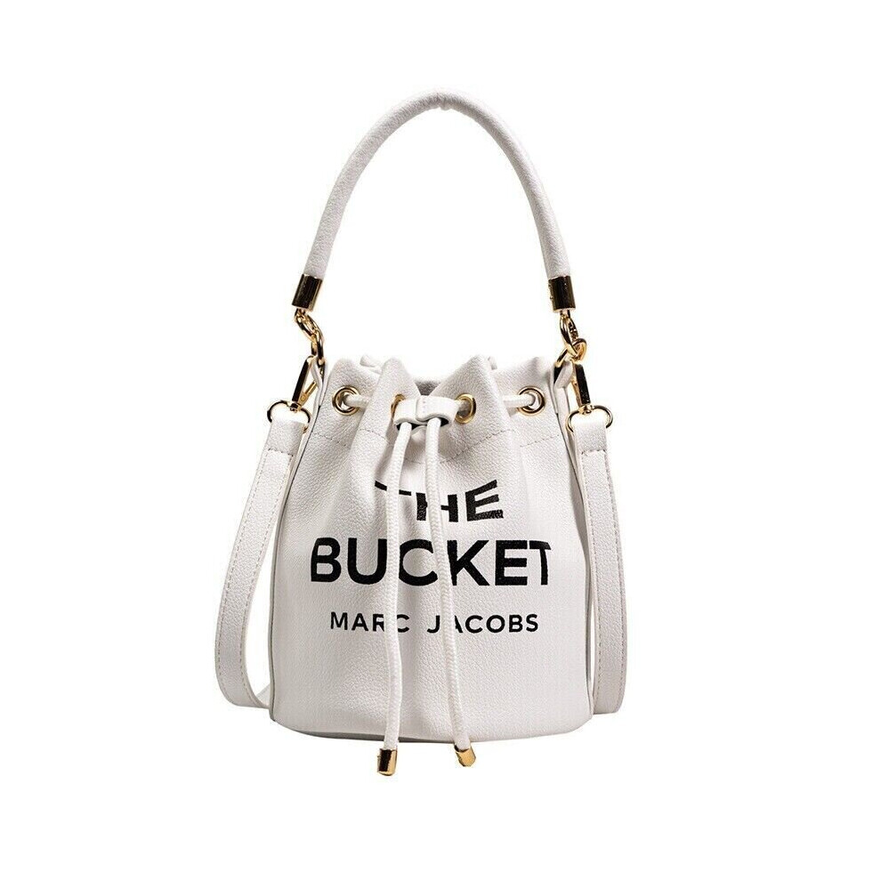 (White) Women Bucket Handbag Leather Drawstring Crossbody Bag 