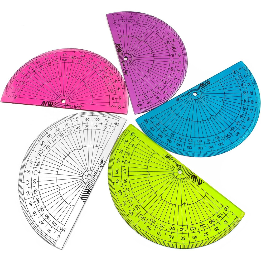 Ashton and Wright - 180 Degree Protractor - 10cm - Lightweight School Protractors - Pack of 5 (Transparent Mixed)