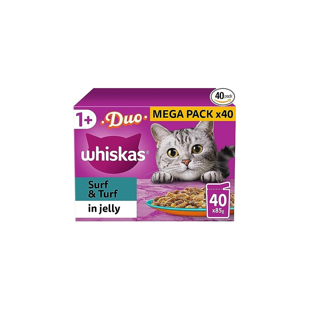 Whiskas Tasty Duo 1+ Surf and Turf in Jelly 40 x 85 g Pouches, Adult Cat Food