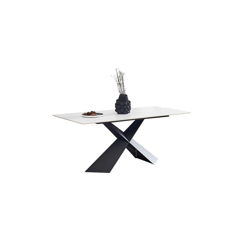 White Sintered Stone Top 180cm Dining Table with Black Cross Base