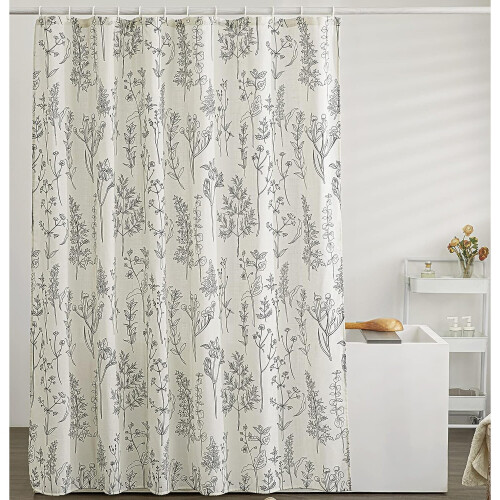 Vintage botanical linen shower curtain for bathroom in black and ivory ...