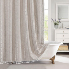 Boho Farmhouse Fabric Shower Curtain, Tan Modern Cotton Linen Shower Curtain For Vintage Country Bathroom Decor Tassels Weighted Thick Tarp 72 x 72