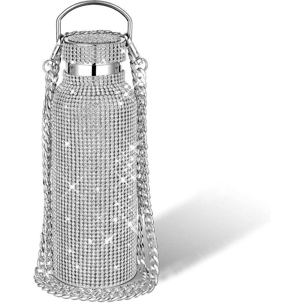 Diamond Insulated Water Bottle Sparkling Rhinestone Stainless Steel Refillable Insulated Glitter Bottle with Chain for Women Girls Gift (Silver,500ml