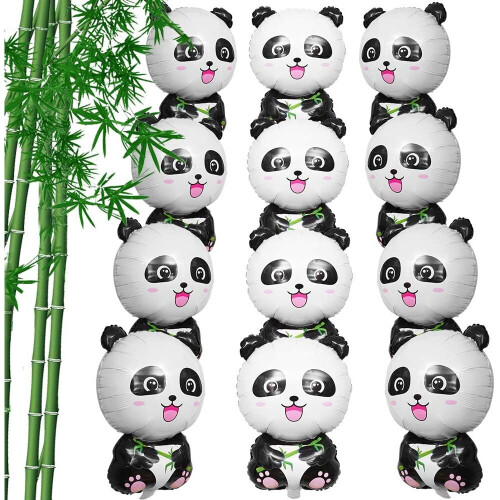 12Pcs Cute Panda Balloons, Aluminium Foil Mylar Zoo Jungle Animal Balloons Panda Party Supplies for Panda Theme Baby Shower Party Favor Decorations