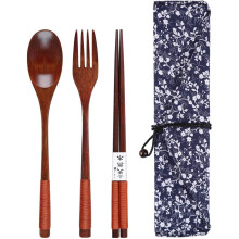 3Pcs Wooden Cutlery Set with Beautiful Storage Bag,Portable Eco-Friendly Spoon,Fork and Chopsticks Reusable Cutlery for Traveling Picnic Camping