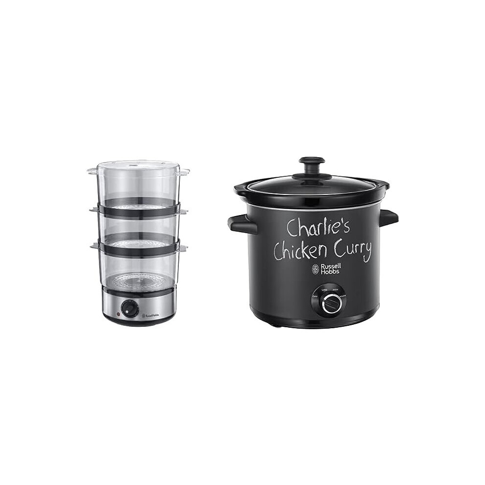 Russell Hobbs Food Collection Compact Food Steamer 14453, 7 L - Brushed Stainless Steel & 24180 Chalkboard Slow Cooker, 3.5 L, Black