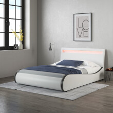 (White With Black Trim, Double 190 x 135cm) Orion Faux Leather LED Lights Headboard Bed Frame