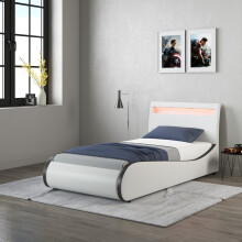 (White With Black Trim, Single 190 x 90cm) Orion Faux Leather LED Lights Headboard Bed Frame