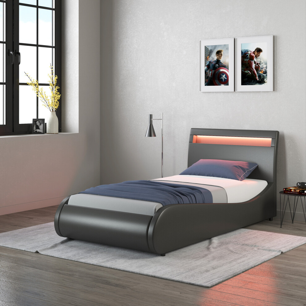 (Black, Single 190 x 90cm) Orion Faux Leather LED Lights Headboard Bed Frame