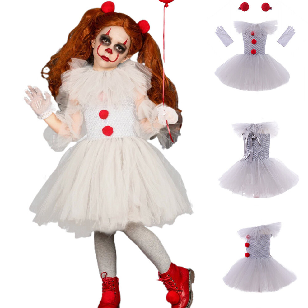 5 6 Years Pennywise Costume Kids Girls Halloween Clown IT Cosplay Tutu Dresses With Gloves And Red Hairpin Children Fancy Dress Clothing For