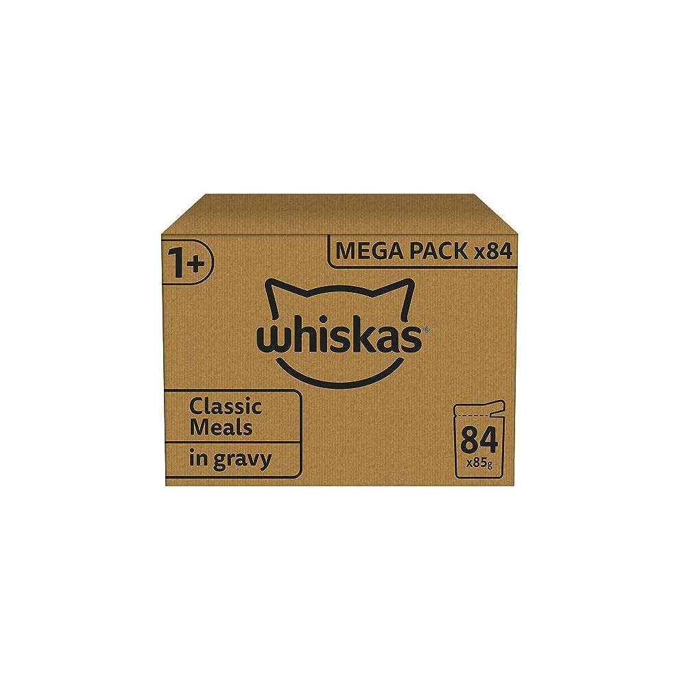 Whiskas 1+ Adult Classic Selection in Gravy 84 Pouches, Adult Wet Cat Food, Megapack (84 x 85 g)