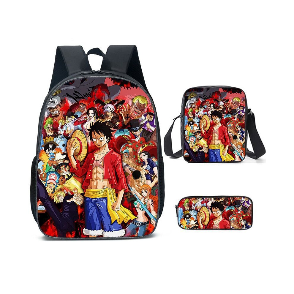 (StyleD) One 3pcs Anime Piece Luffy Backpack Crossbody Travel Lunch Bags Pencil Case Set
