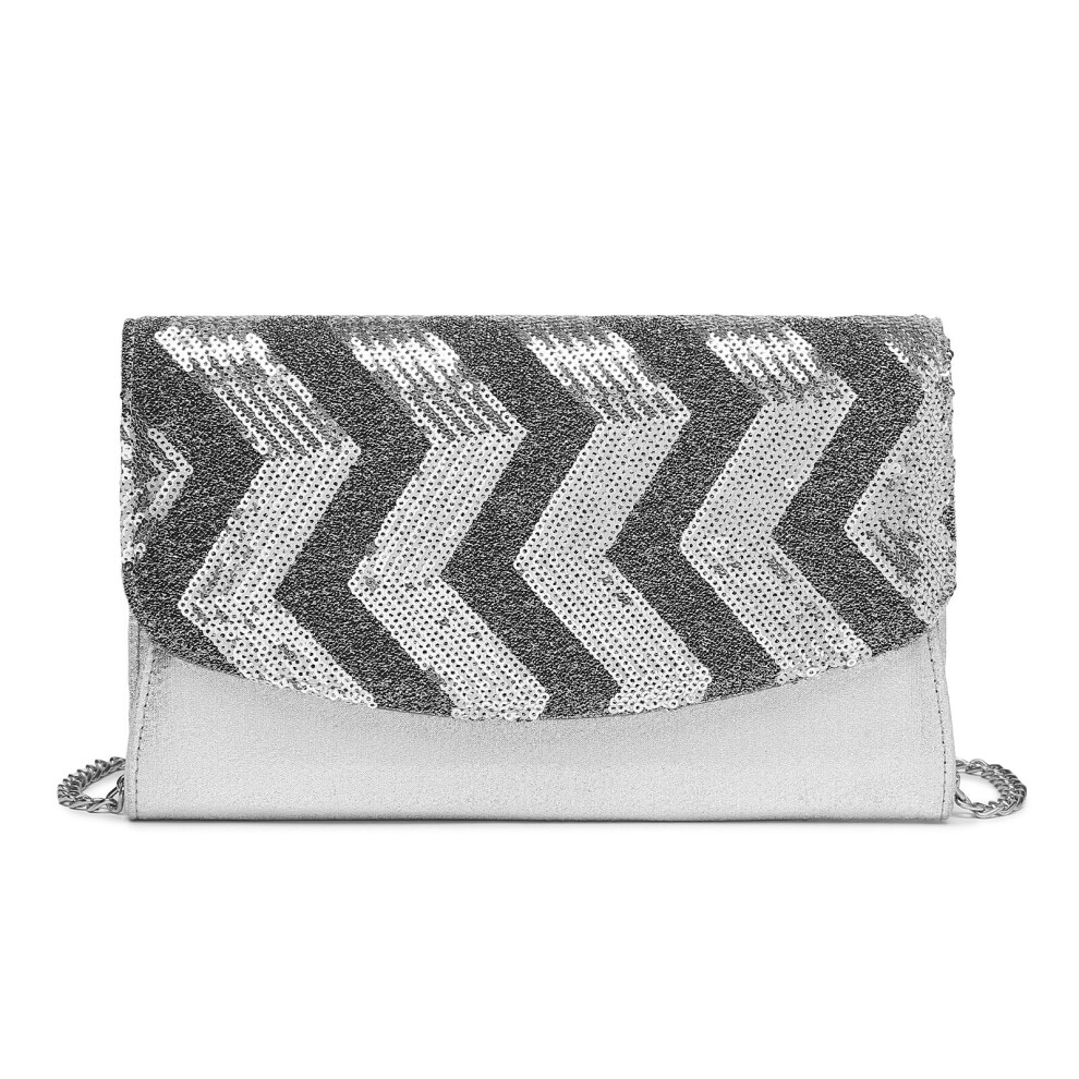 (Silver) MISS LULU Gorgeous Sequins Evening Clutch Bag Chain Shoulder Bag