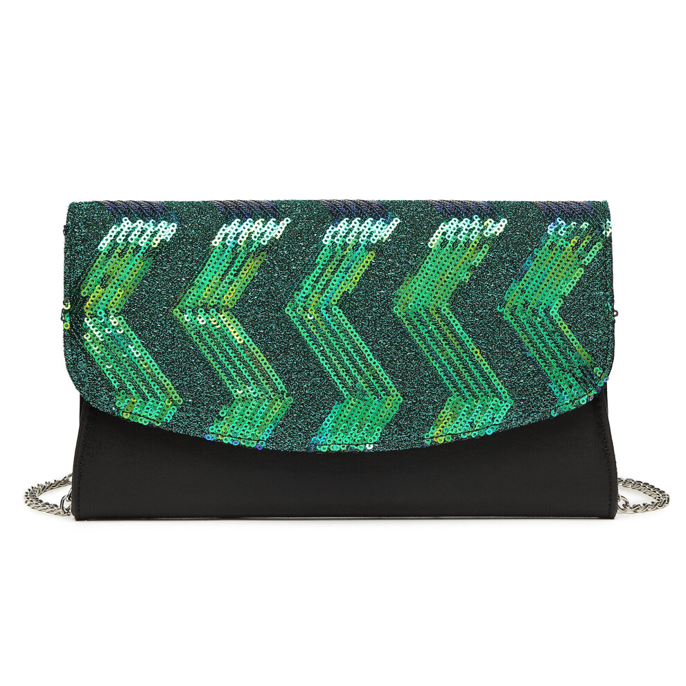 (Black and Green) MISS LULU Gorgeous Sequins Evening Clutch Bag Chain Shoulder Bag