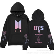 (M(165-170cm)) BTS Sweatshirt Threaded Drawstring Hoodie-Black