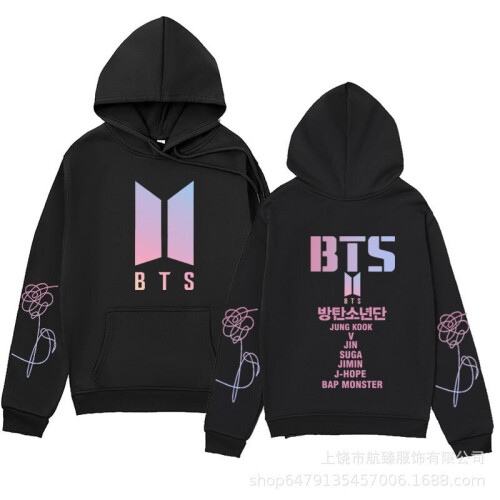 (M(165-170cm)) BTS Sweatshirt Threaded Drawstring Hoodie-Black
