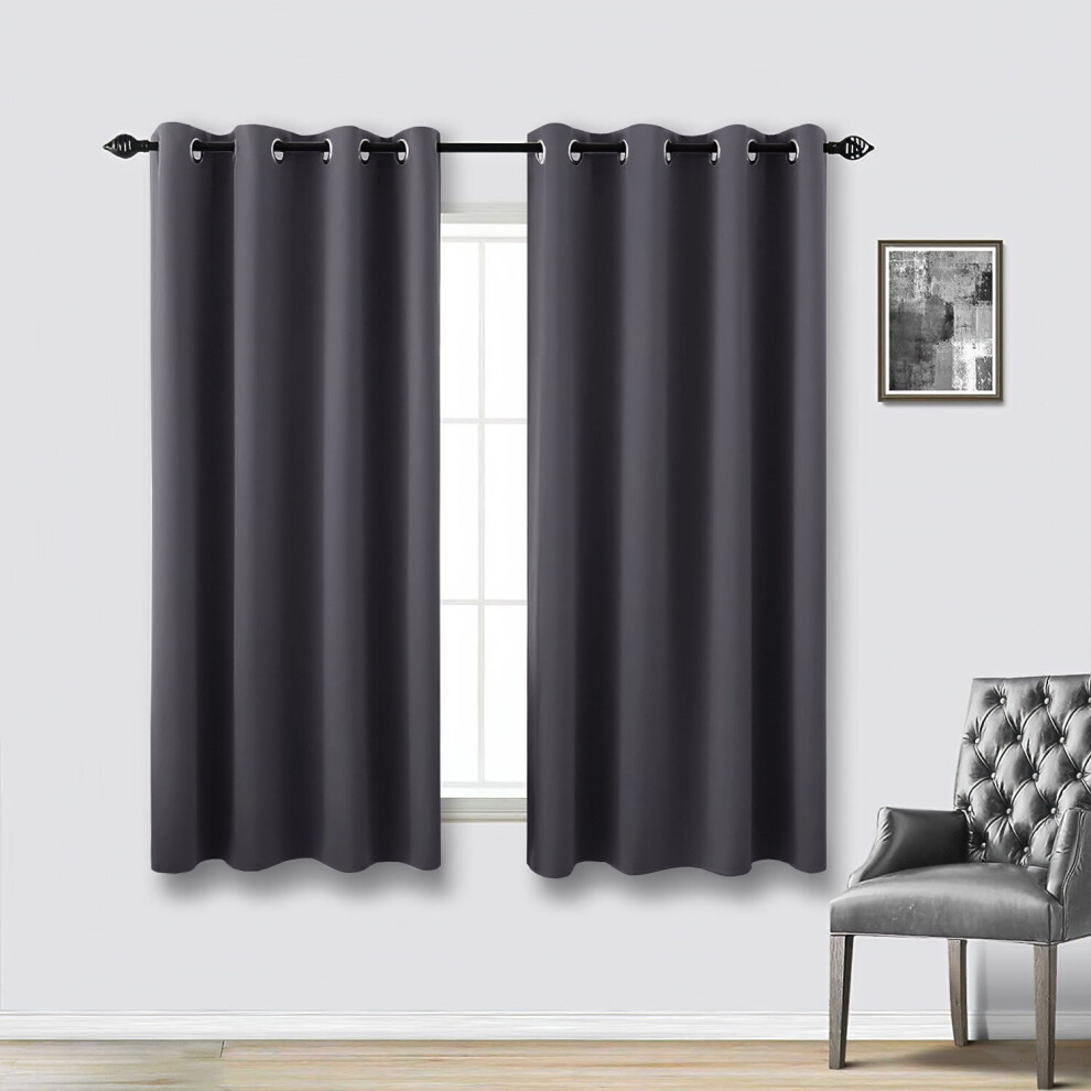 (46" x 54" - (117cm x 137cm), Grey-Ring Top) 100% Blackout Curtains Plain Pencil Pleat Eyelet Ring Top Curtain Pair