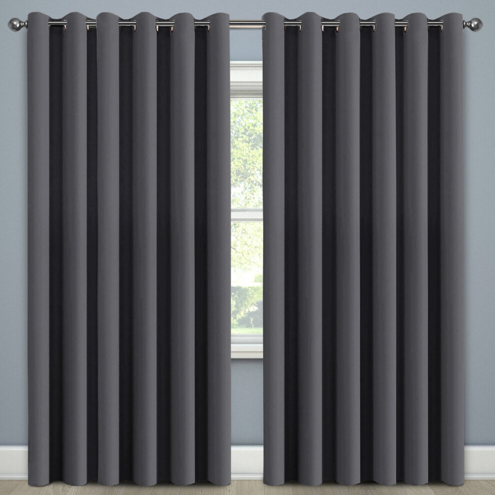 (66" x 54" - (168cm x 137cm), Grey-Ring Top) 100% Blackout Curtains Plain Pencil Pleat Eyelet Ring Top Curtain Pair