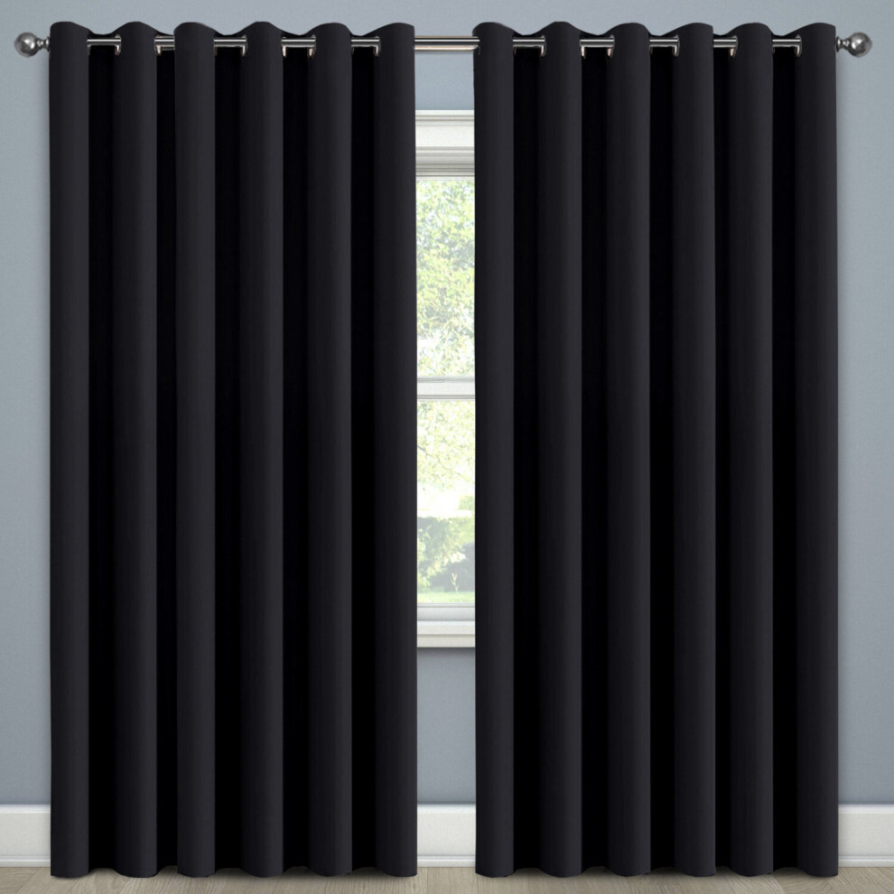 (66" x 54" - (168cm x 137cm), Black-Ring Top) 100% Blackout Curtains Plain Pencil Pleat Eyelet Ring Top Curtain Pair