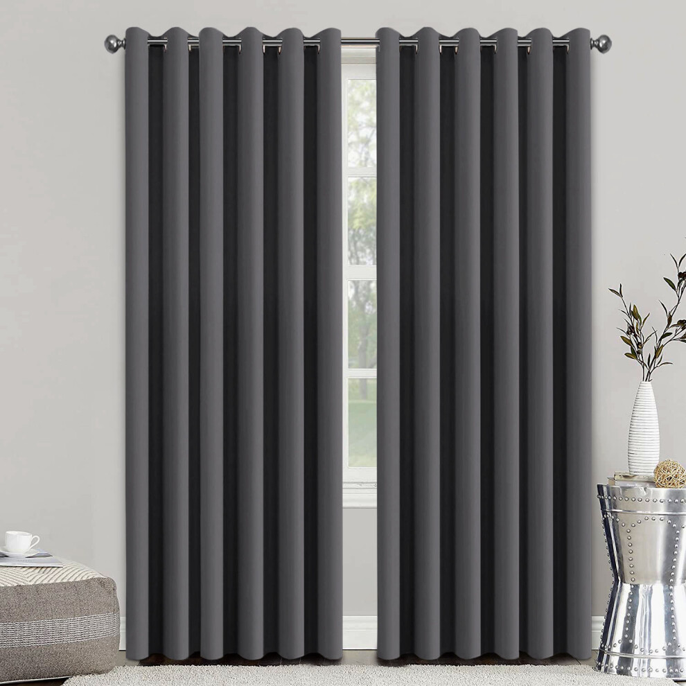 (66" x 72" - (168cm x 183cm), Grey-Ring Top) 100% Blackout Curtains Plain Pencil Pleat Eyelet Ring Top Curtain Pair