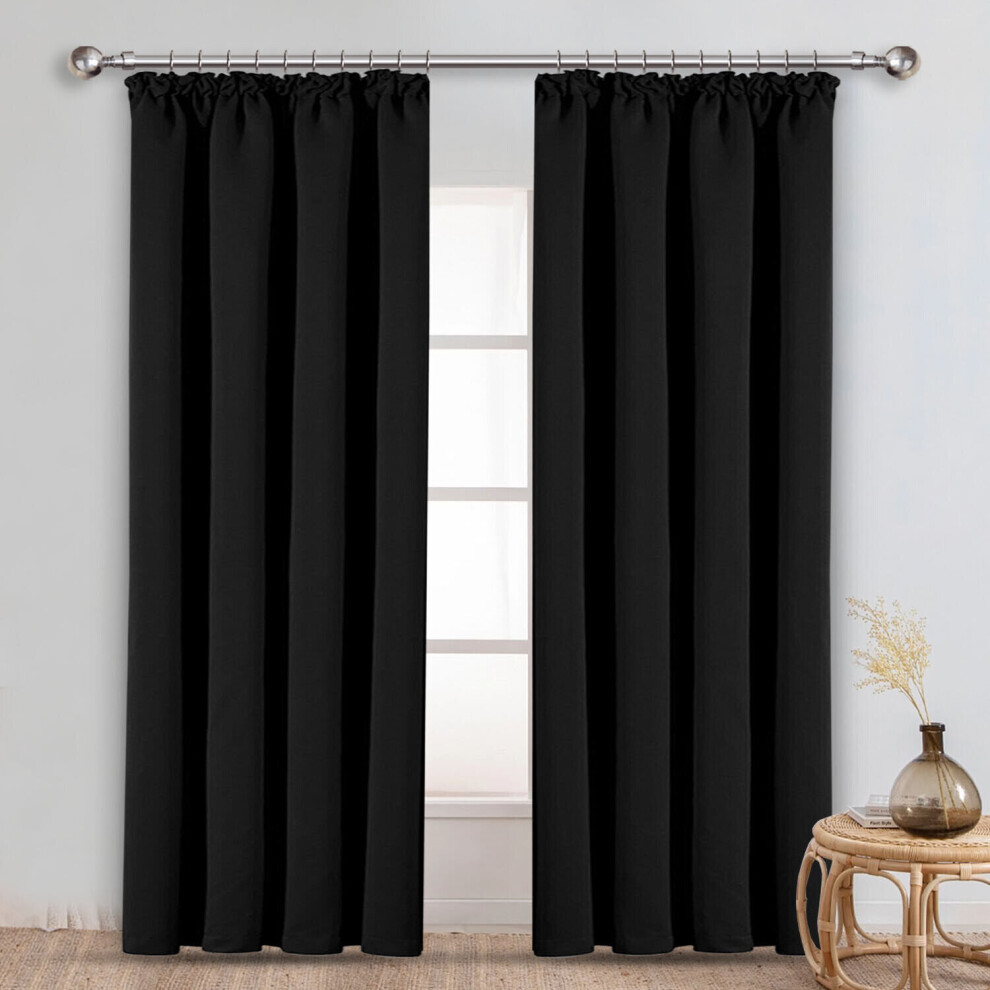 (66" x 72" - (168cm x 183cm), Black-Pencil Pleat) 100% Blackout Curtains Plain Pencil Pleat Eyelet Ring Top Curtain Pair