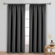 (66" x 72" - (168cm x 183cm), Grey-Pencil Pleat) 100% Blackout Curtains Plain Pencil Pleat Eyelet Ring Top Curtain Pair