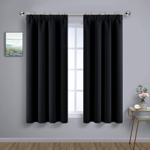 (66" x 54" - (168cm x 137cm), Black-Pencil Pleat) 100% Blackout Curtains Plain Pencil Pleat Eyelet Ring Top Curtain Pair