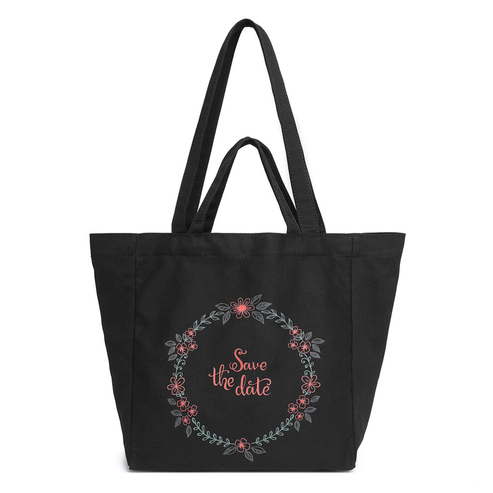(Black) Reusable Canvas Shopping Tote Bag Casual Shoulder Bag