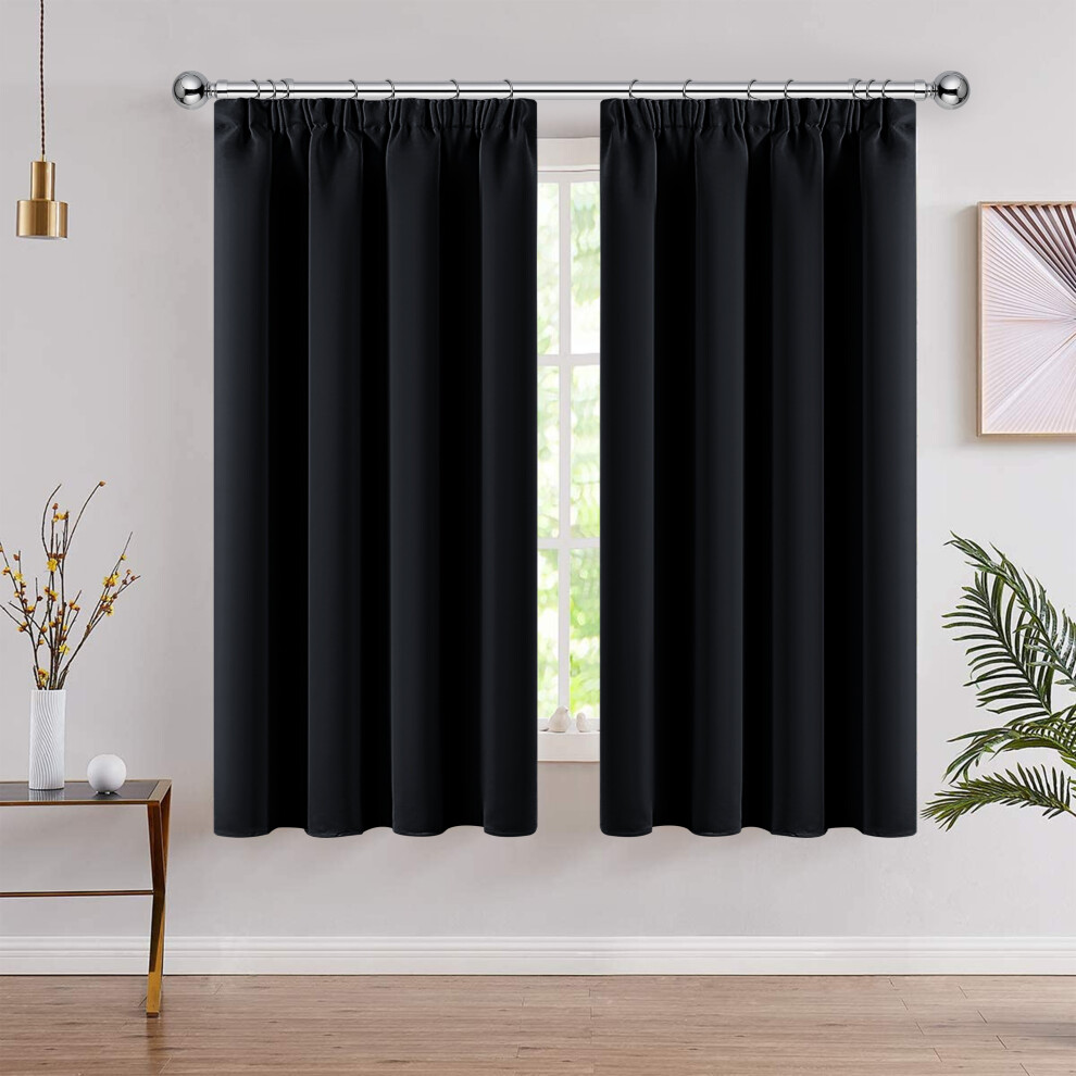 (46" x 54" - (117cm x 137cm), Black-Pencil Pleat) 100% Blackout Curtains Plain Pencil Pleat Eyelet Ring Top Curtain Pair