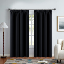 (66" x 90"-(168cm x 228cm), Black-Pencil Pleat) 100% Blackout Curtains Plain Pencil Pleat Eyelet Ring Top Curtain Pair