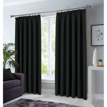 (90" x 72" - (228cm x 183cm), Black-Pencil Pleat) 100% Blackout Curtains Plain Pencil Pleat Eyelet Ring Top Curtain Pair