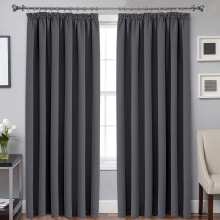 (90" x 90" - (228cm x 228cm), Grey-Pencil Pleat) 100% Blackout Curtains Plain Pencil Pleat Eyelet Ring Top Curtain Pair