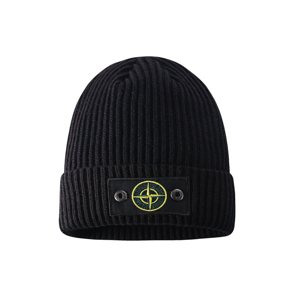 (Black) Stone Island Hat Warm Thick Cap Cuffed Knit Stretch Beanie Hat