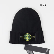 (Black) Stone Island Hat Warm Thick Cap Cuffed Knit Stretch Beanie Hat