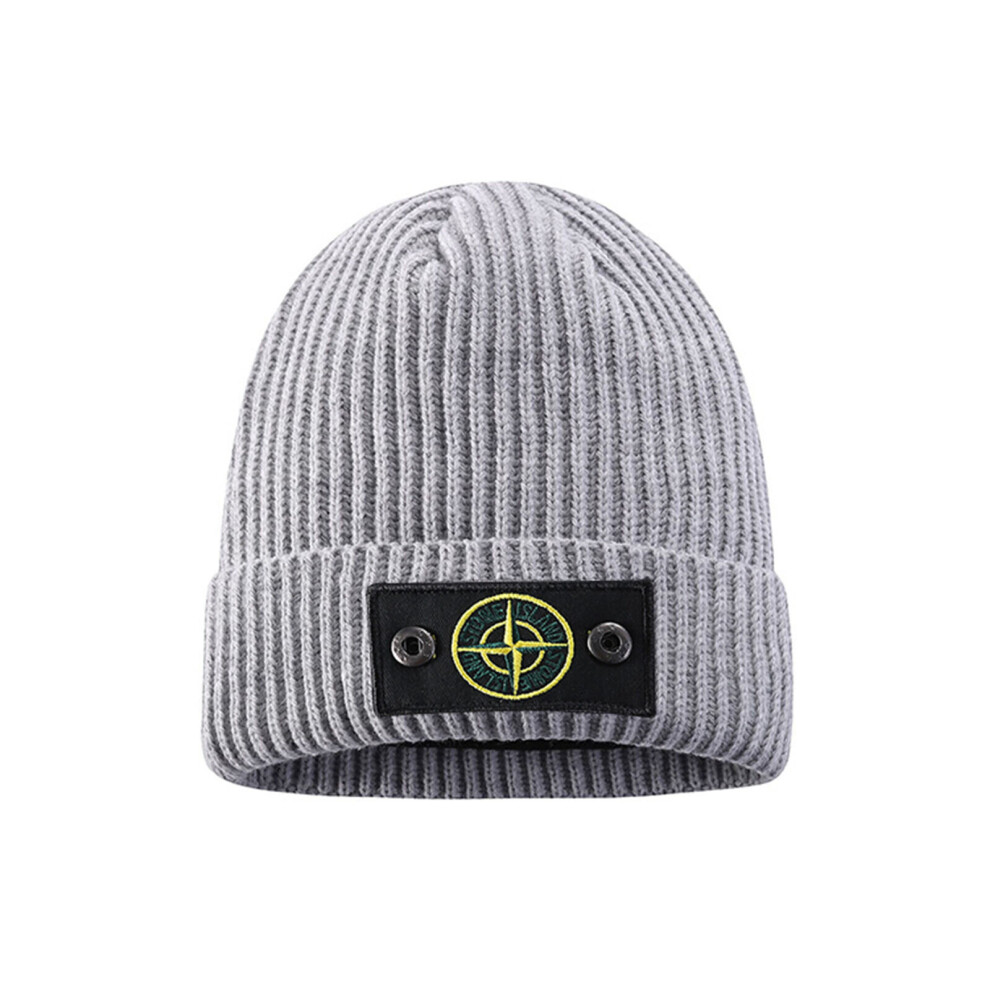 (Grey) Stone Island Hat Warm Thick Cap Cuffed Knit Stretch Beanie Hat