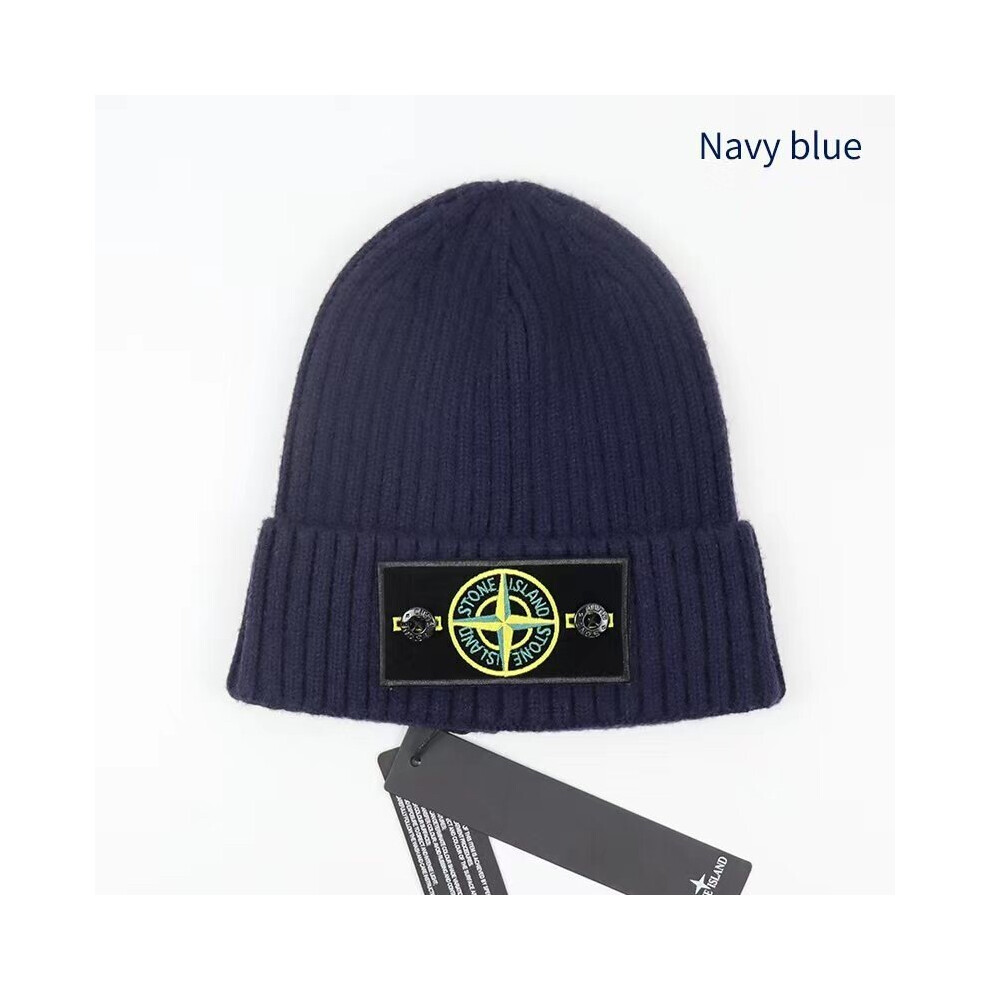 (Navy Blue) Stone Island Hat Warm Thick Cap Cuffed Knit Stretch Beanie Hat